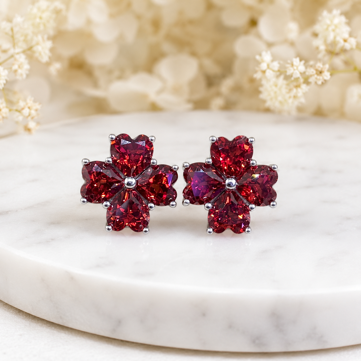 Natural Garnet Flower Stud Earrings in 925 Sterling Silver, 4mm Gemstones