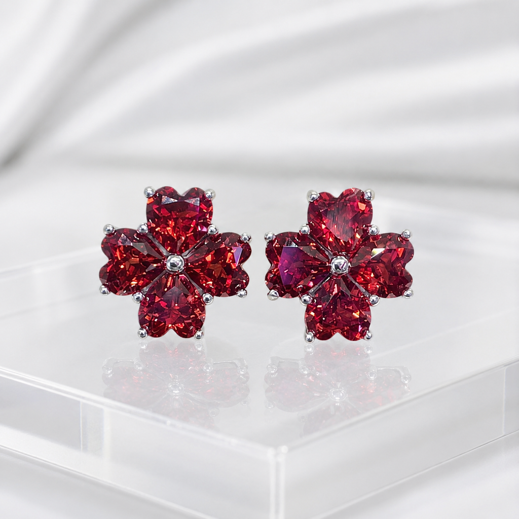 Natural Garnet Flower Stud Earrings in 925 Sterling Silver, 4mm Gemstones