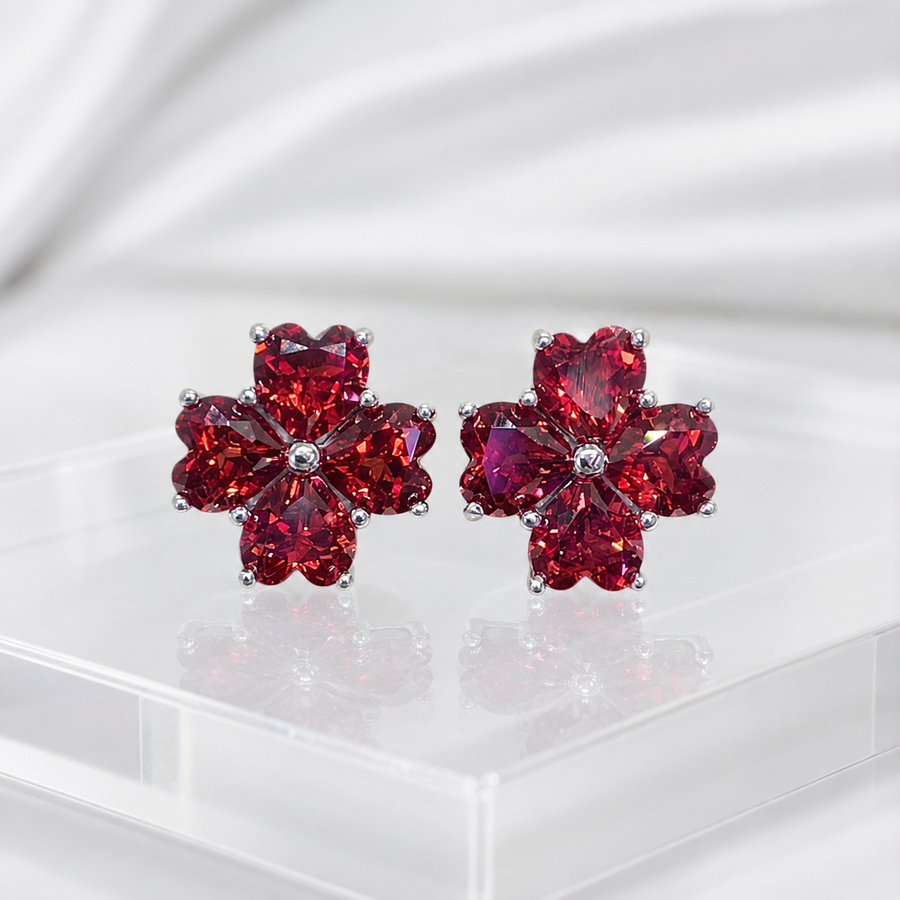 Natural Garnet Flower Stud Earrings in 925 Sterling Silver, 4mm Gemstones