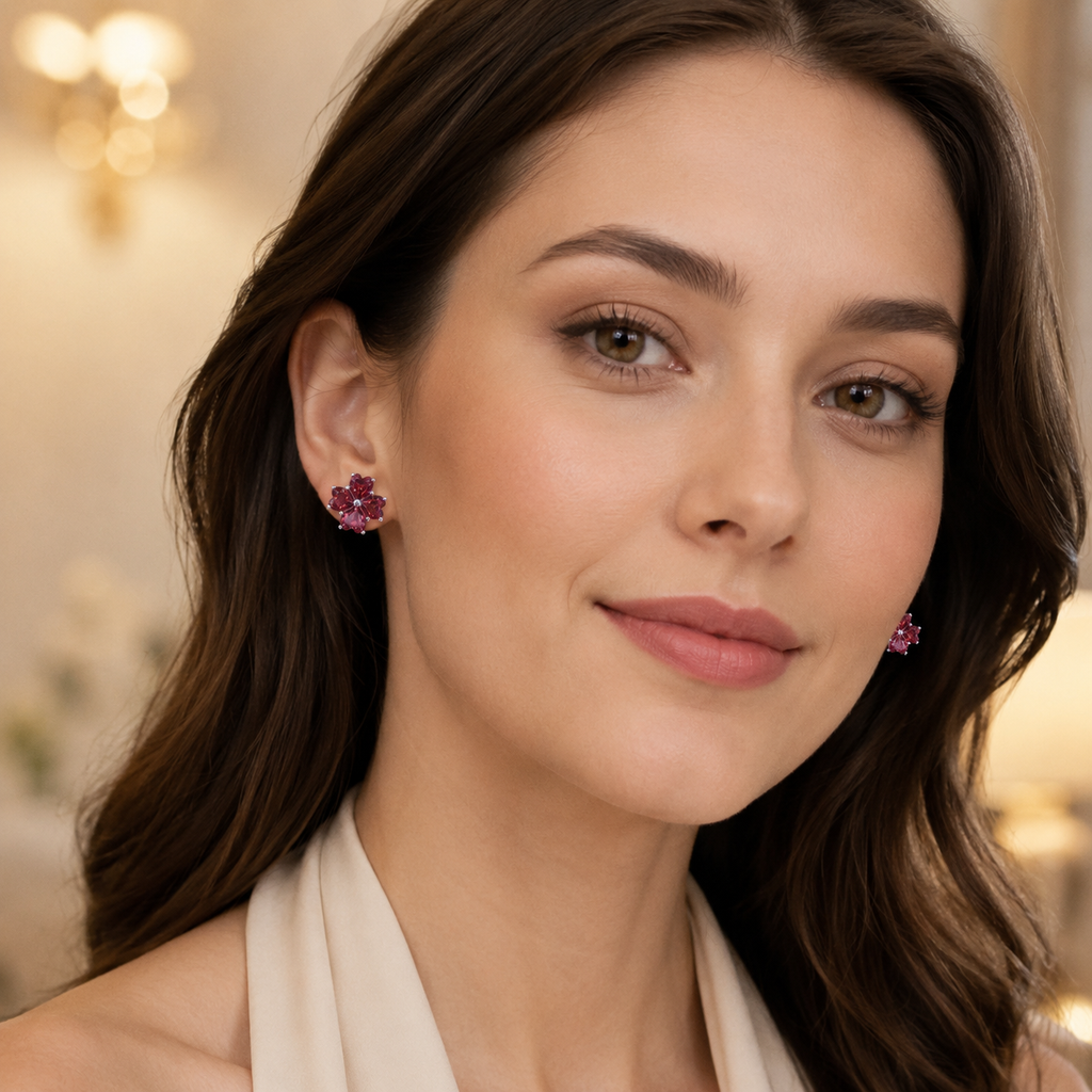 Natural Garnet Flower Stud Earrings in 925 Sterling Silver, 4mm Gemstones