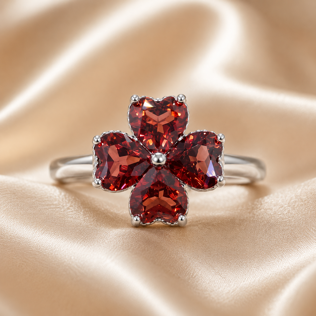 Natural Garnet Flower Ring in 925 Sterling Silver, 5mm Gemstones