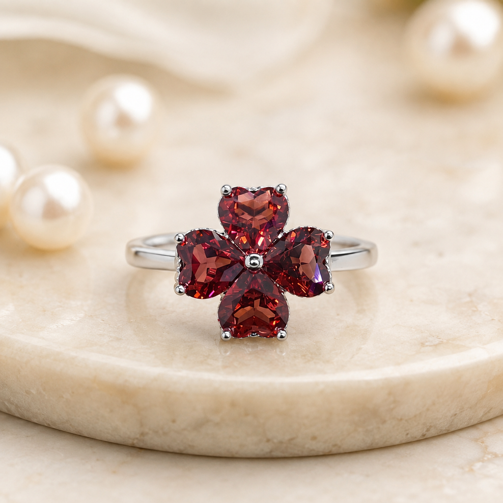 Natural Garnet Flower Ring in 925 Sterling Silver, 5mm Gemstones