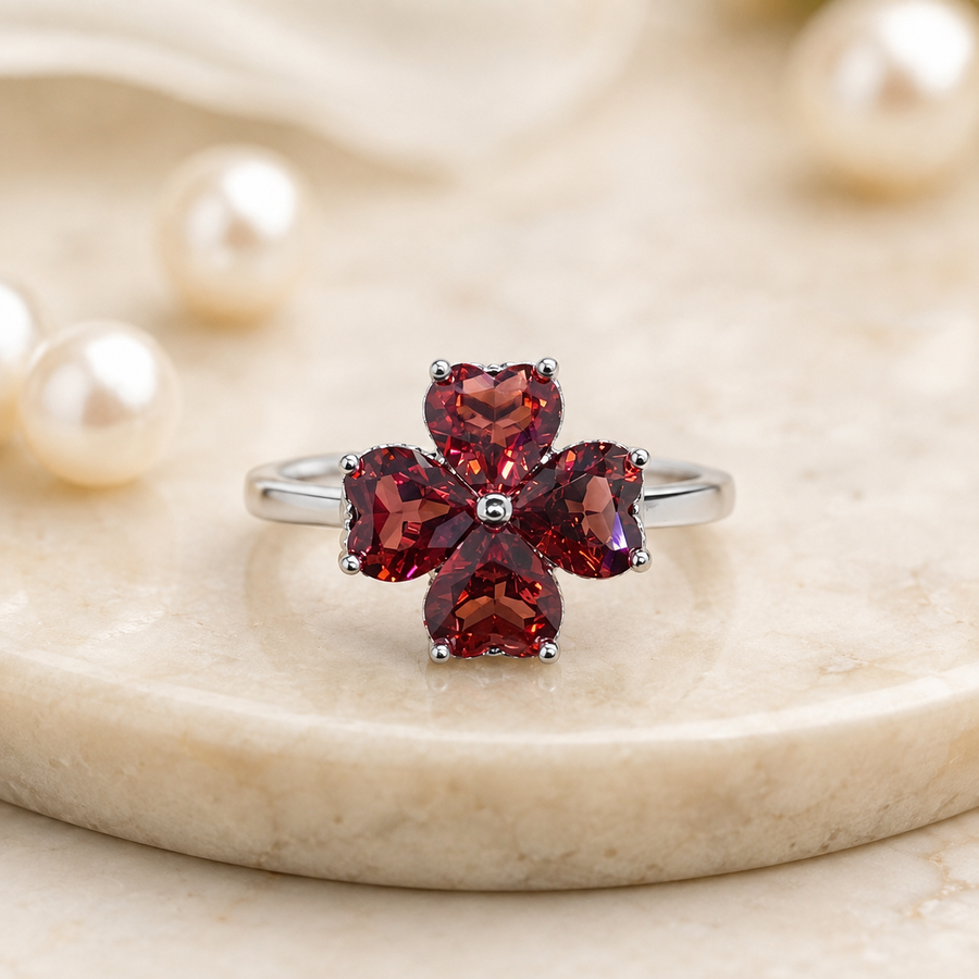 Natural Garnet Flower Ring in 925 Sterling Silver, 5mm Gemstones