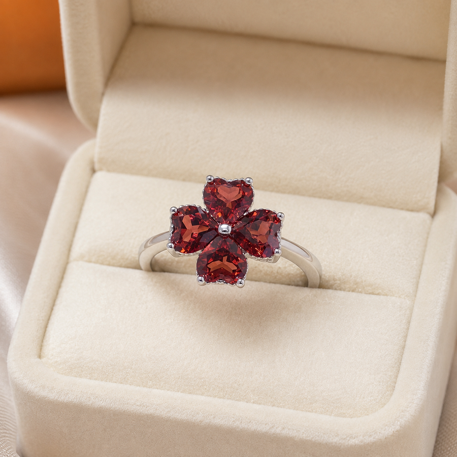 Natural Garnet Flower Ring in 925 Sterling Silver, 5mm Gemstones