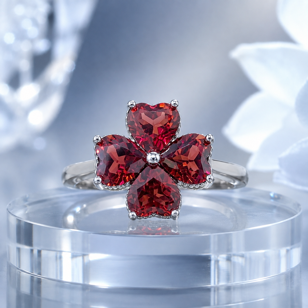 Natural Garnet Flower Ring in 925 Sterling Silver, 5mm Gemstones