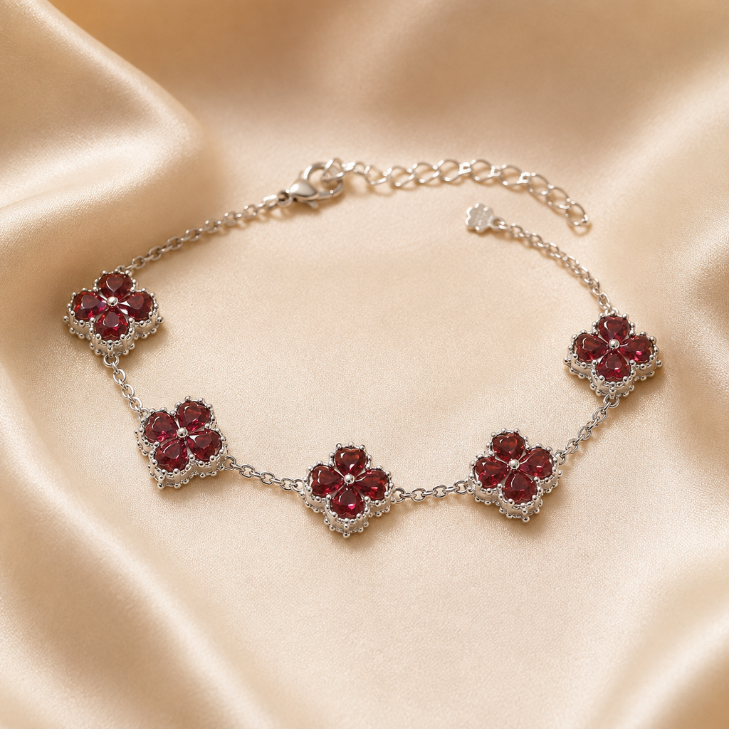 Natural Garnet Flower Bracelet in 925 Sterling Silver, 4mm Gemstones