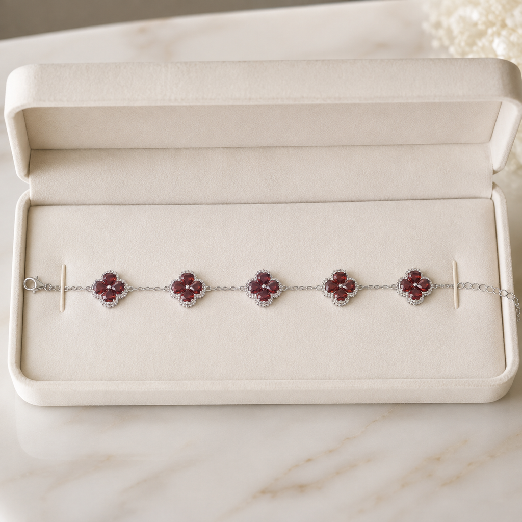 Natural Garnet Flower Bracelet in 925 Sterling Silver, 4mm Gemstones