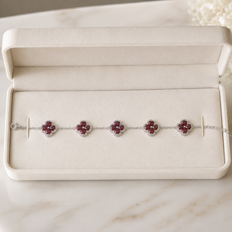 Natural Garnet Flower Bracelet in 925 Sterling Silver, 4mm Gemstones