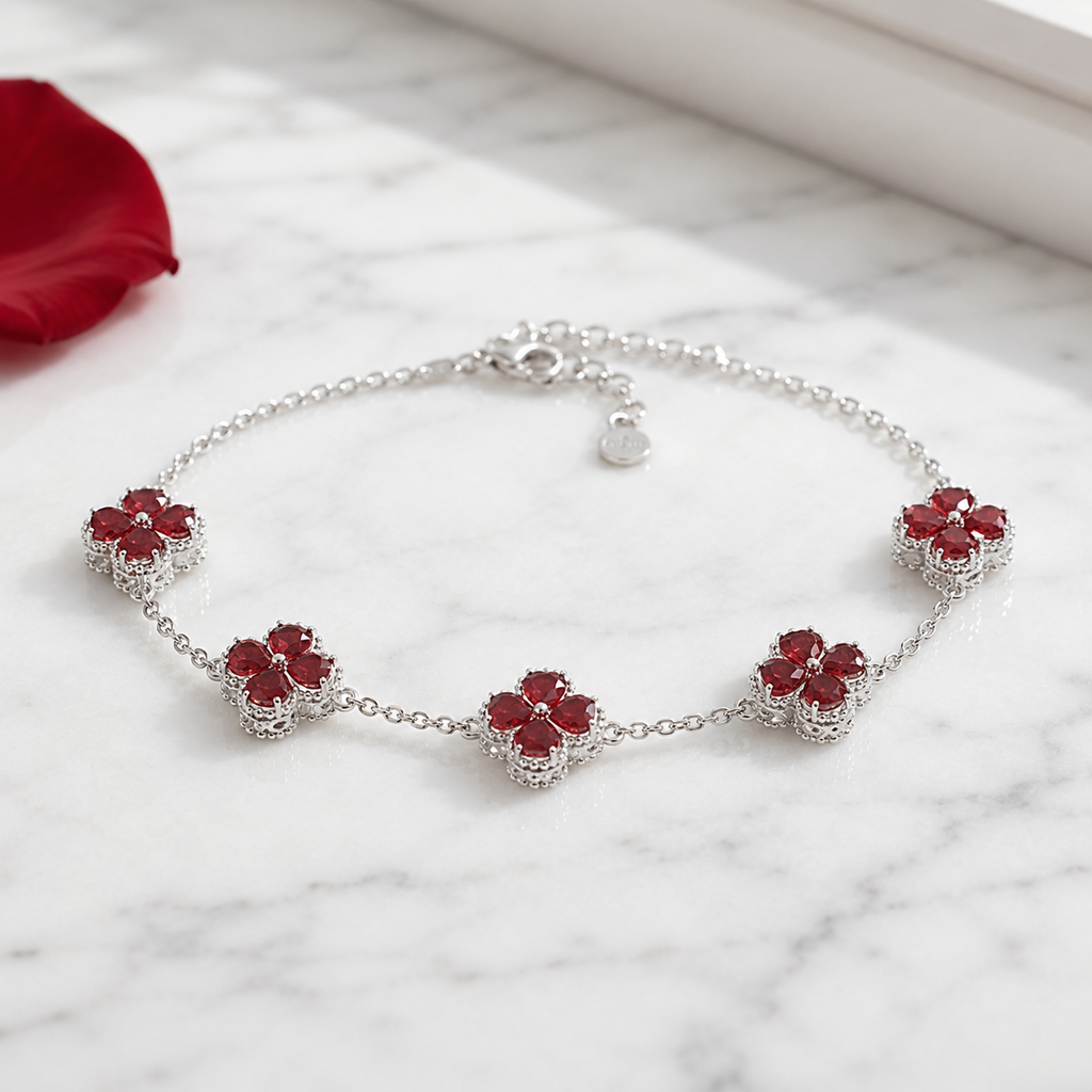 Natural Garnet Flower Bracelet in 925 Sterling Silver, 4mm Gemstones