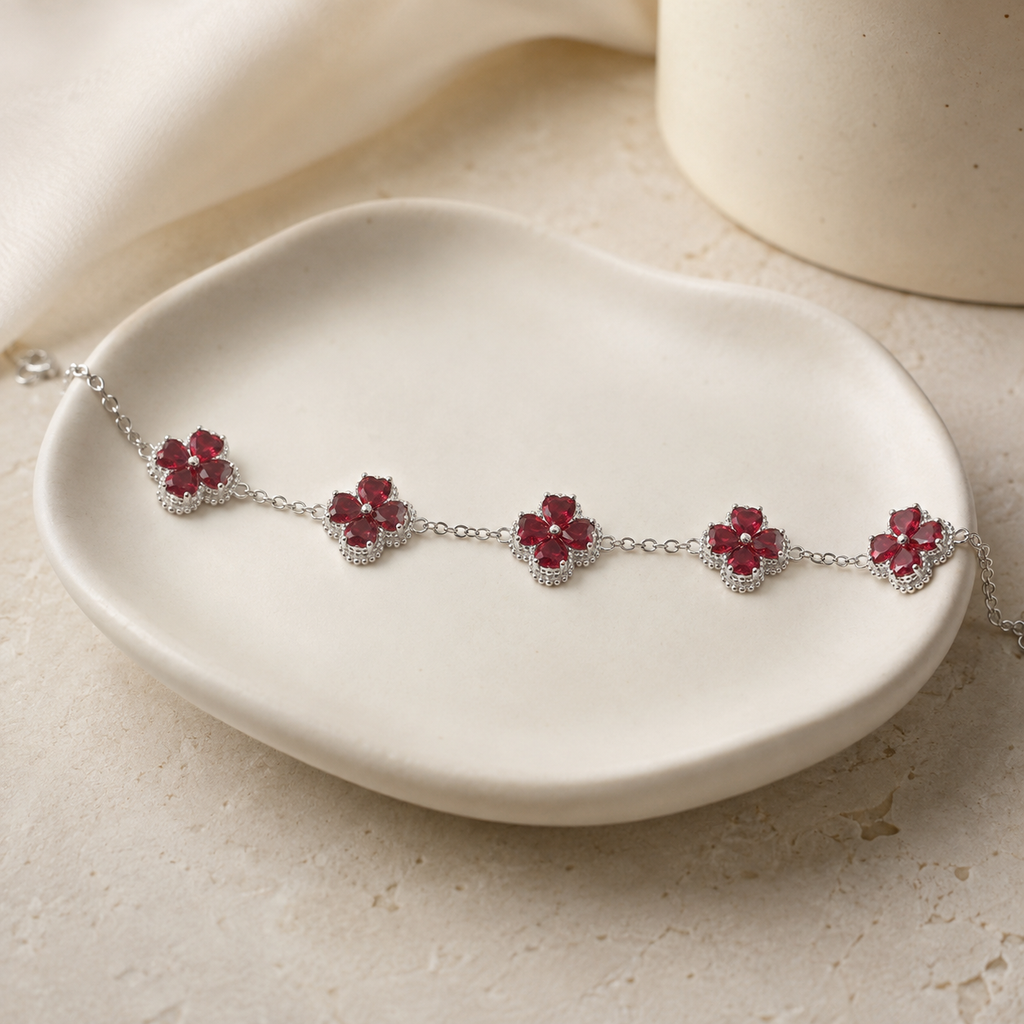 Natural Garnet Flower Bracelet in 925 Sterling Silver, 4mm Gemstones