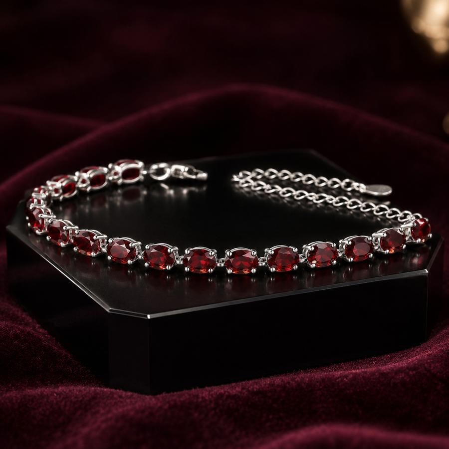 Natural Garnet Tennis Bracelet in 925 Sterling Silver, 6×8mm Gemstones