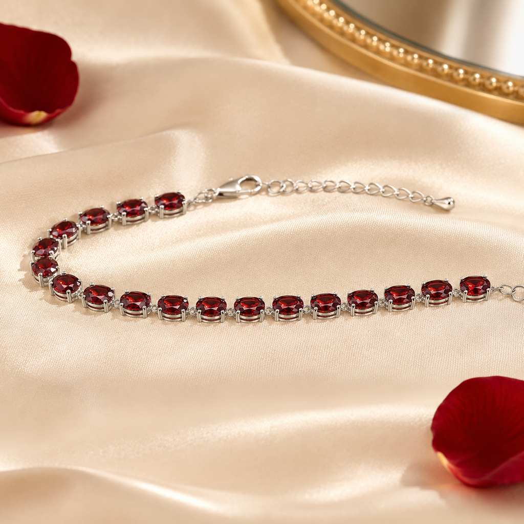 Natural Garnet Tennis Bracelet in 925 Sterling Silver, 6×8mm Gemstones