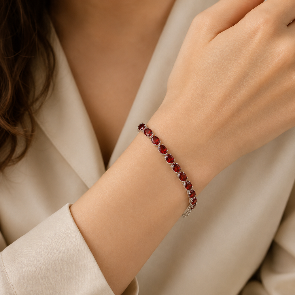 Natural Garnet Tennis Bracelet in 925 Sterling Silver, 6×8mm Gemstones
