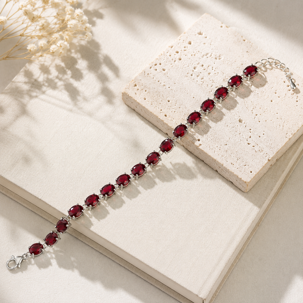 Natural Garnet Tennis Bracelet in 925 Sterling Silver, 6×8mm Gemstones