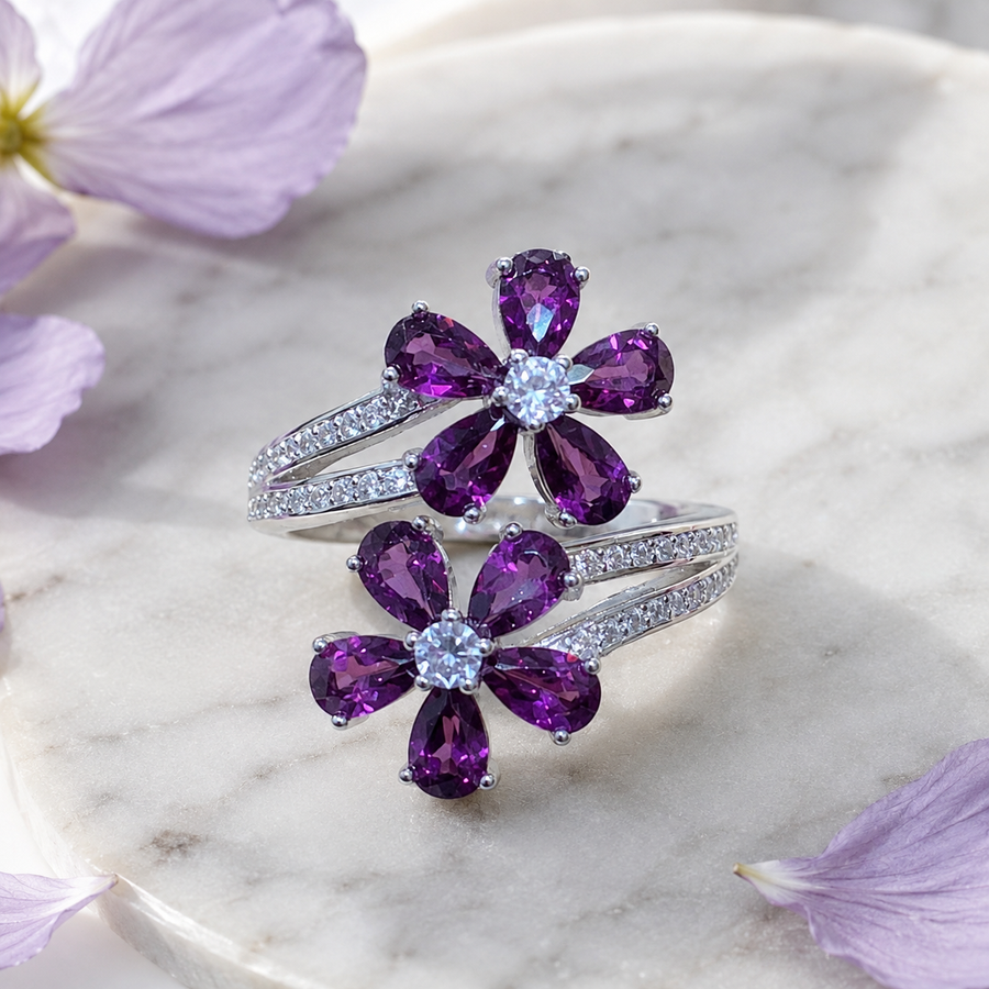 Natural Rhodolite Garnet Flower Ring in 925 Sterling Silver, 3×5mm Gemstones