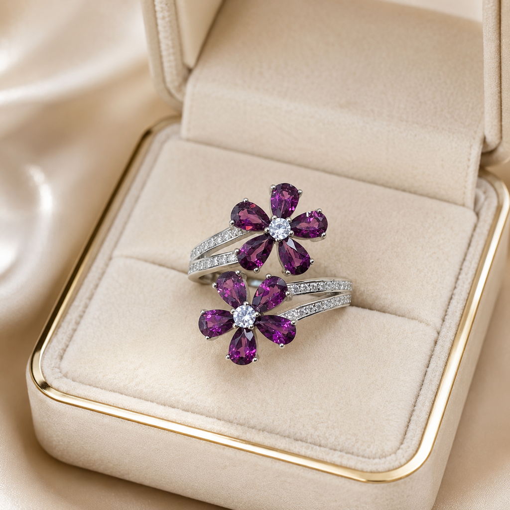 Natural Rhodolite Garnet Flower Ring in 925 Sterling Silver, 3×5mm Gemstones