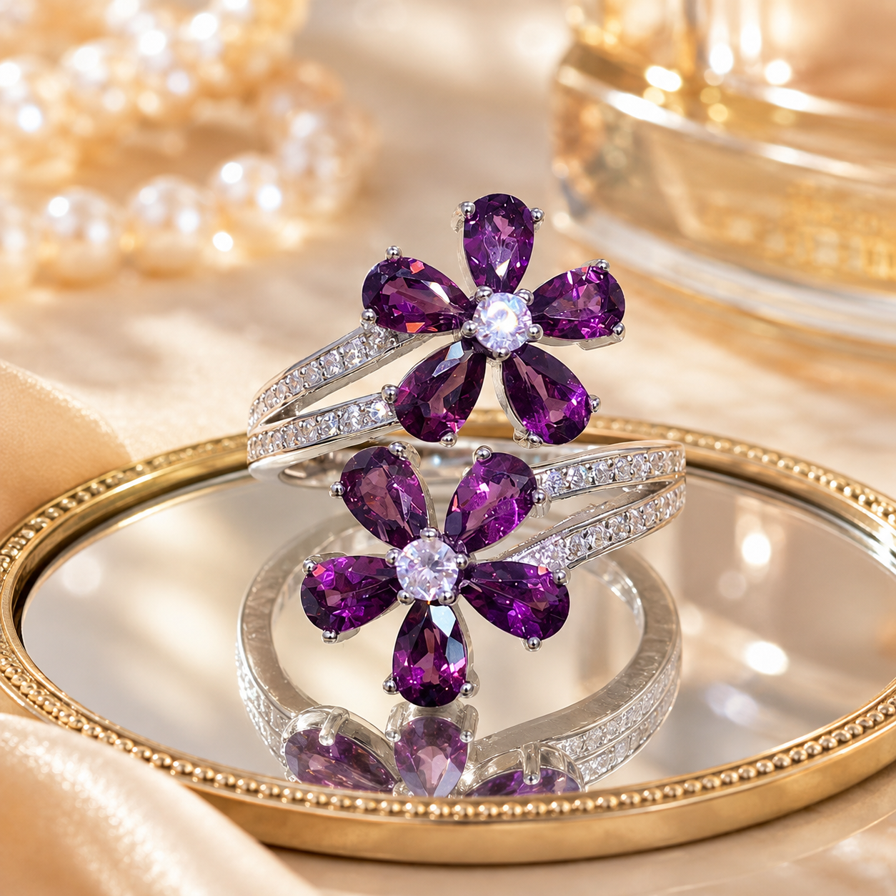 Natural Rhodolite Garnet Flower Ring in 925 Sterling Silver, 3×5mm Gemstones