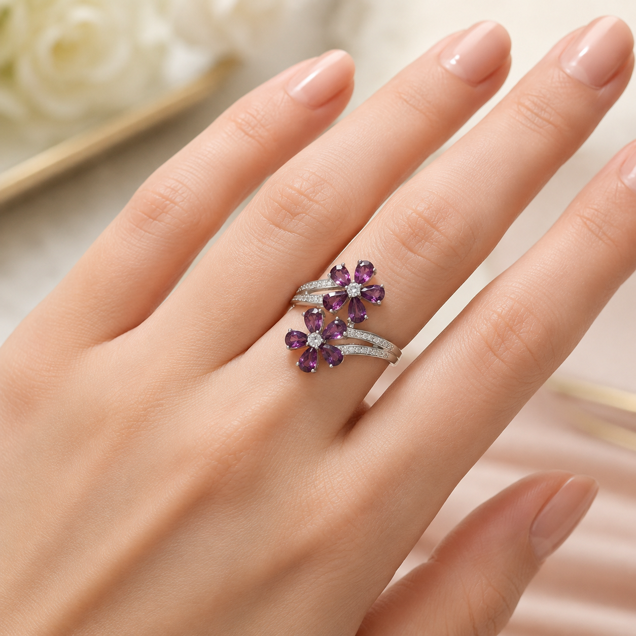Natural Rhodolite Garnet Flower Ring in 925 Sterling Silver, 3×5mm Gemstones