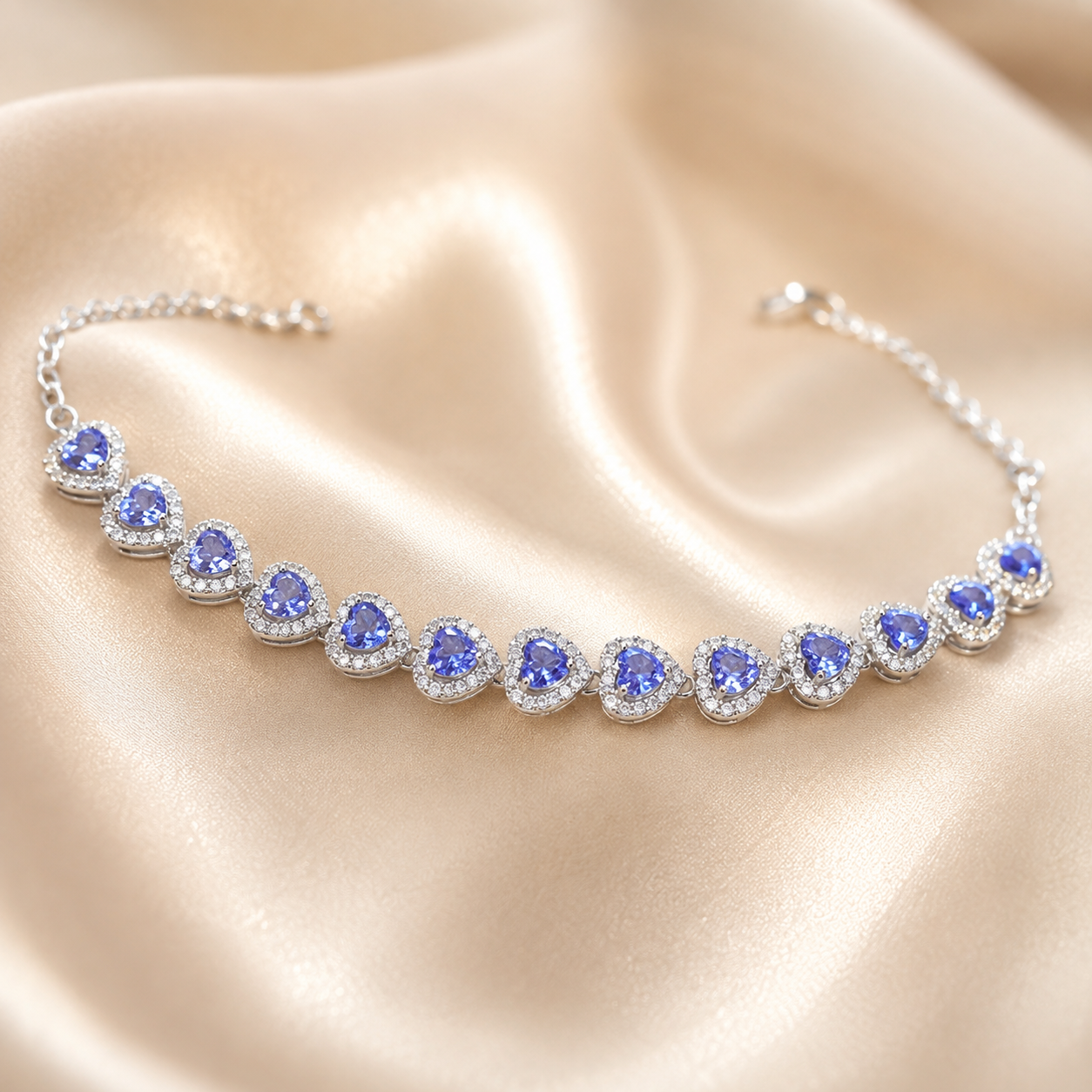 Natural Tanzanite Heart Bracelet in 925 Sterling Silver, 4mm Gemstones