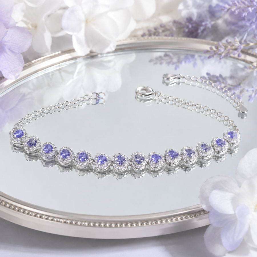 Natural Tanzanite Heart Bracelet in 925 Sterling Silver, 4mm Gemstones