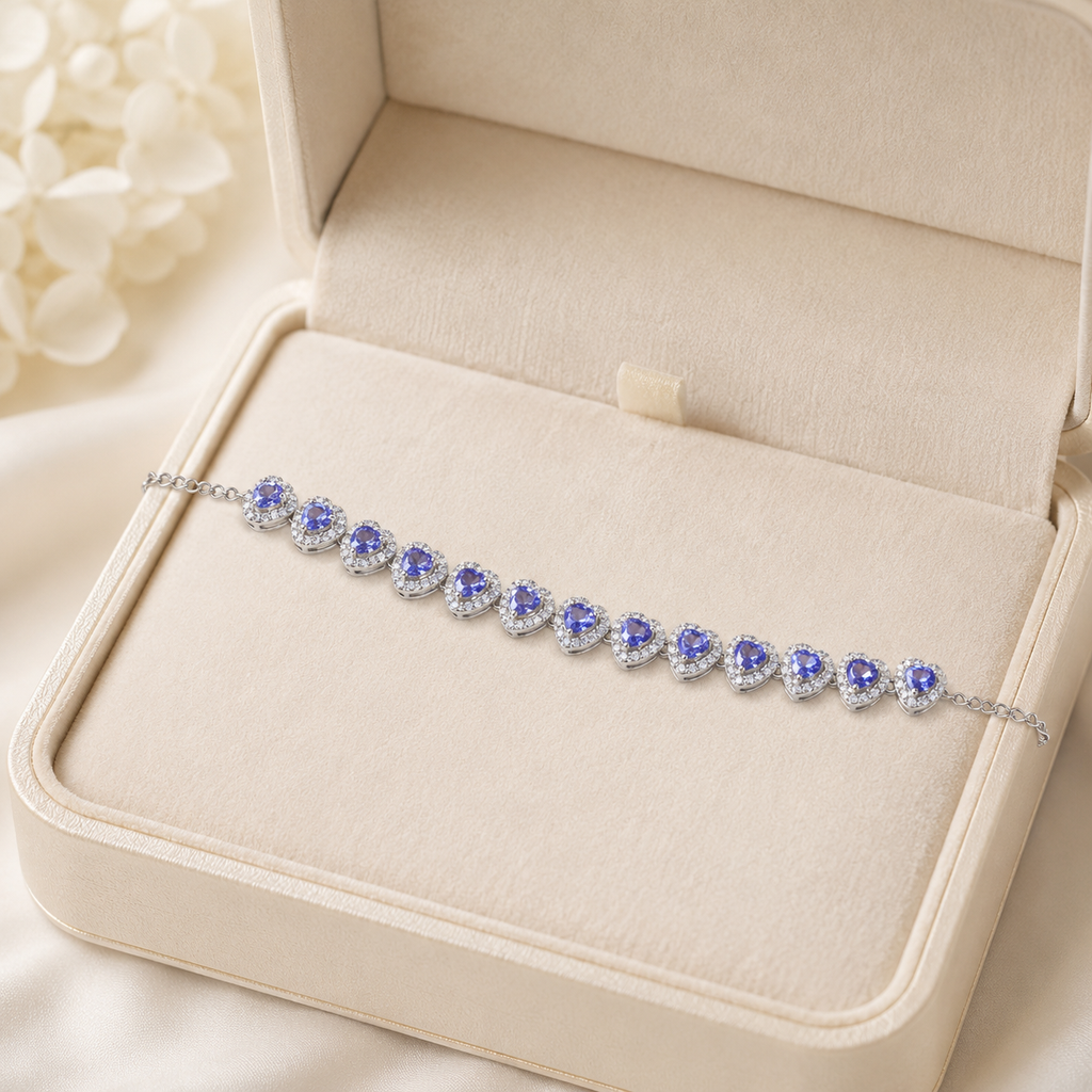 Natural Tanzanite Heart Bracelet in 925 Sterling Silver, 4mm Gemstones