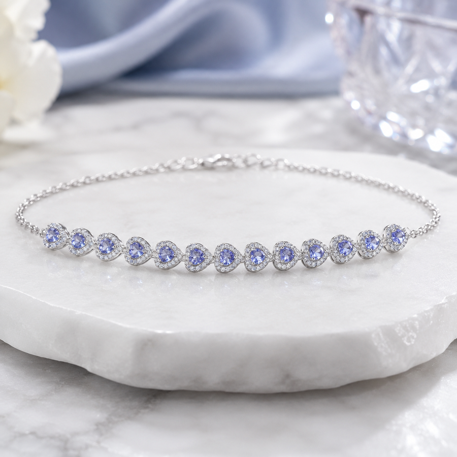 Natural Tanzanite Heart Bracelet in 925 Sterling Silver, 4mm Gemstones