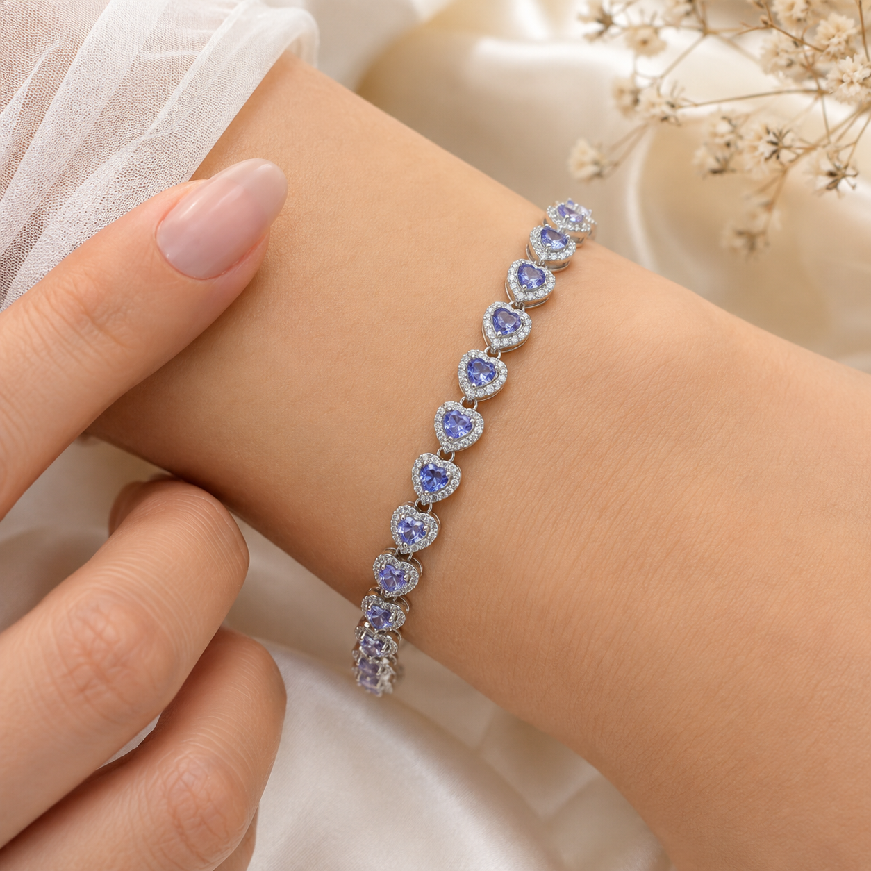 Natural Tanzanite Heart Bracelet in 925 Sterling Silver, 4mm Gemstones