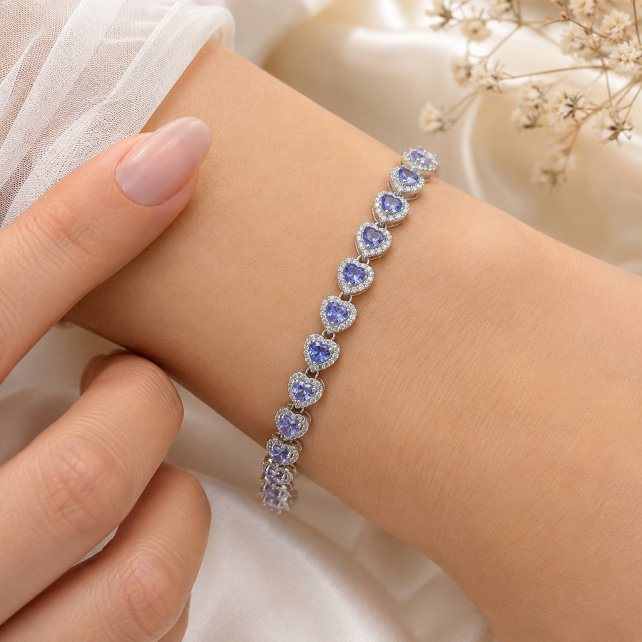 Natural Tanzanite Heart Bracelet in 925 Sterling Silver, 4mm Gemstones