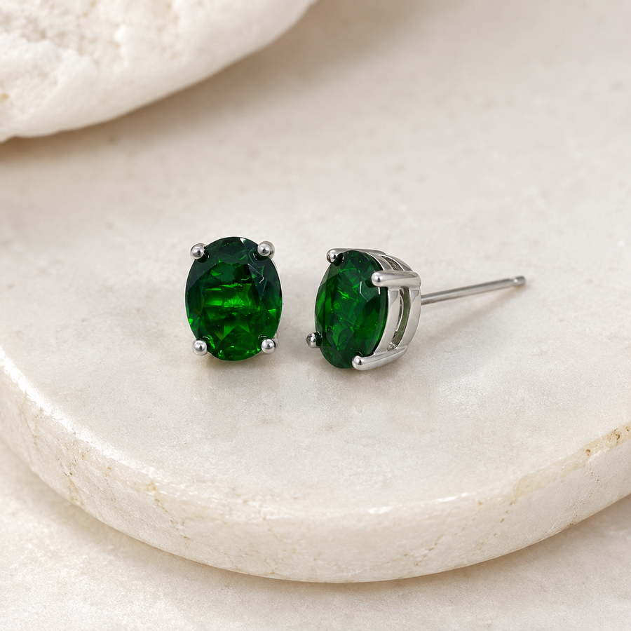 Natural Diopside Stud Earrings in 925 Sterling Silver, 6×8mm Oval Gemstones