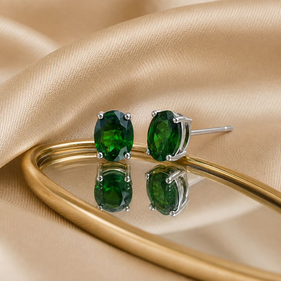 Natural Diopside Stud Earrings in 925 Sterling Silver, 6×8mm Oval Gemstones