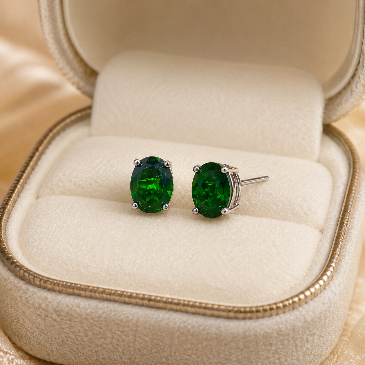 Natural Diopside Stud Earrings in 925 Sterling Silver, 6×8mm Oval Gemstones