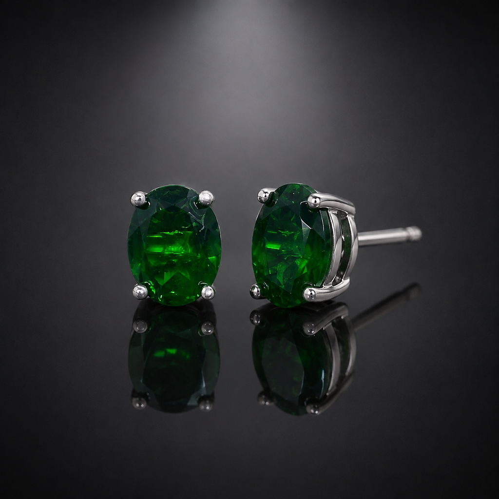 Natural Diopside Stud Earrings in 925 Sterling Silver, 6×8mm Oval Gemstones