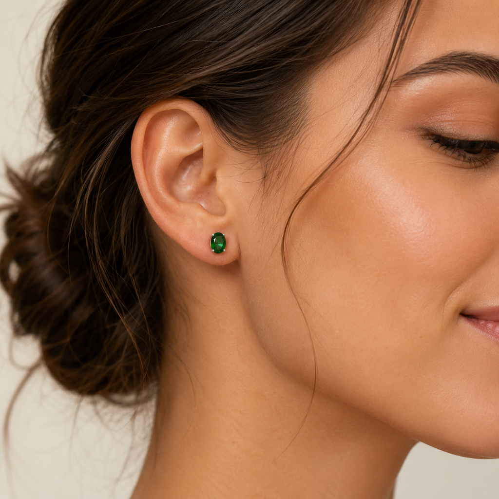 Natural Diopside Stud Earrings in 925 Sterling Silver, 6×8mm Oval Gemstones