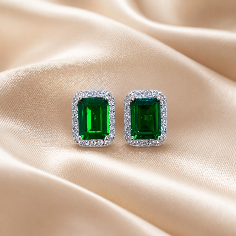 Natural Diopside Halo Stud Earrings in 925 Sterling Silver, 5×7mm Gemstones