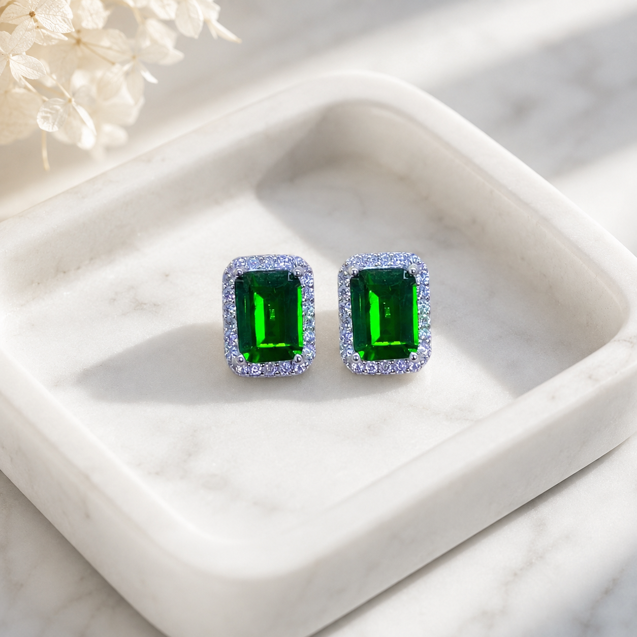 Natural Diopside Halo Stud Earrings in 925 Sterling Silver, 5×7mm Gemstones