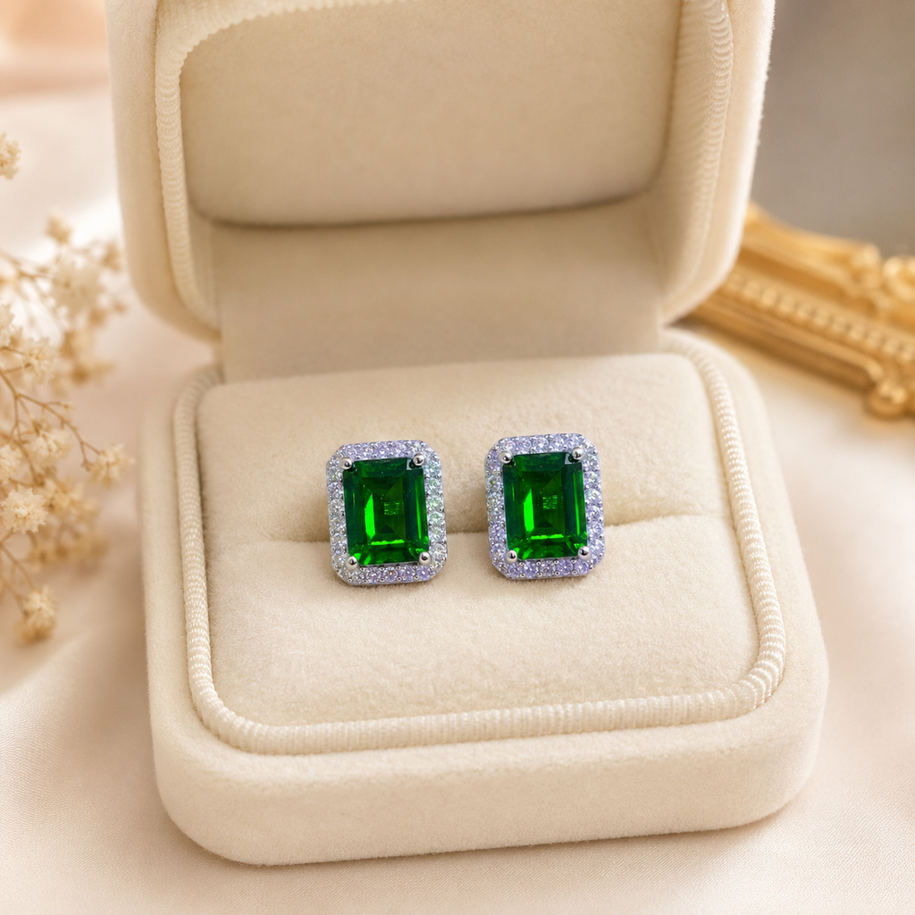 Natural Diopside Halo Stud Earrings in 925 Sterling Silver, 5×7mm Gemstones
