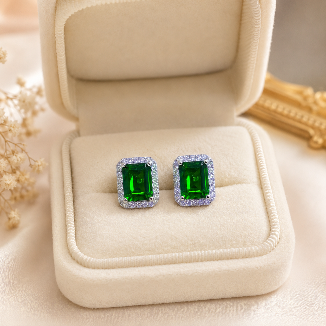 Natural Diopside Halo Stud Earrings in 925 Sterling Silver, 5×7mm Gemstones