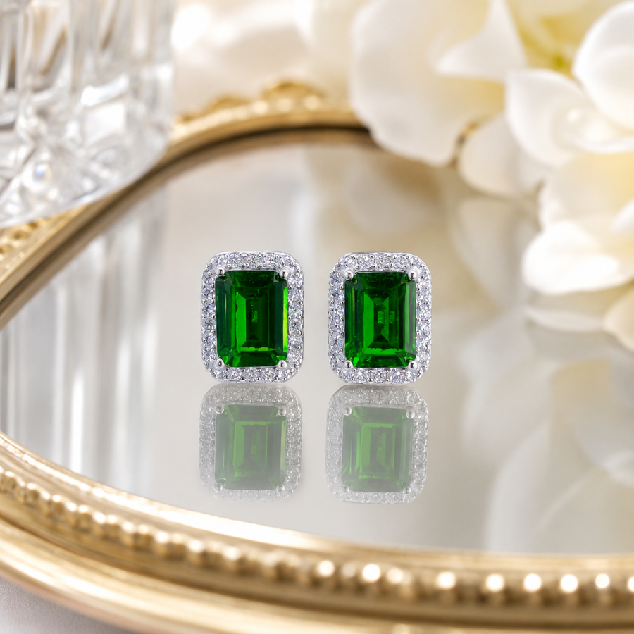 Natural Diopside Halo Stud Earrings in 925 Sterling Silver, 5×7mm Gemstones