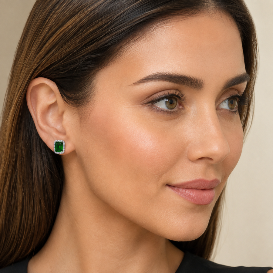 Natural Diopside Halo Stud Earrings in 925 Sterling Silver, 5×7mm Gemstones