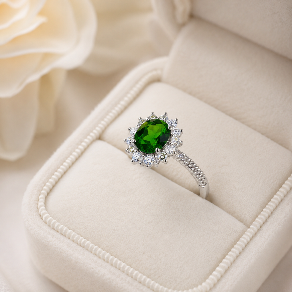 Natural Diopside Halo Ring in 925 Sterling Silver, 5×7mm Oval Gemstone