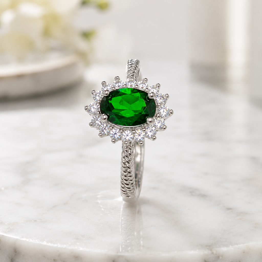 Natural Diopside Halo Ring in 925 Sterling Silver, 5×7mm Oval Gemstone