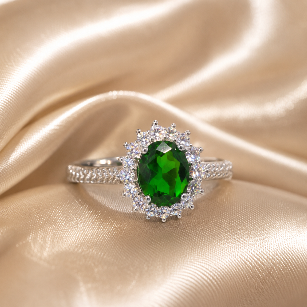 Natural Diopside Halo Ring in 925 Sterling Silver, 5×7mm Oval Gemstone