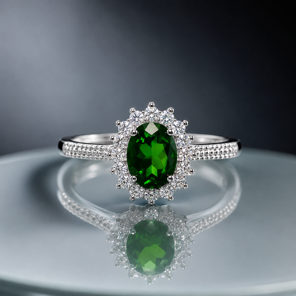 Natural Diopside Halo Ring in 925 Sterling Silver, 5×7mm Oval Gemstone