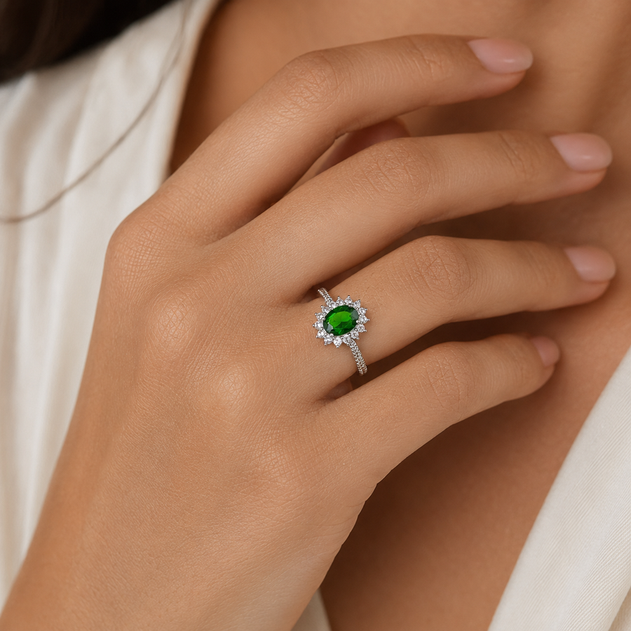 Natural Diopside Halo Ring in 925 Sterling Silver, 5×7mm Oval Gemstone