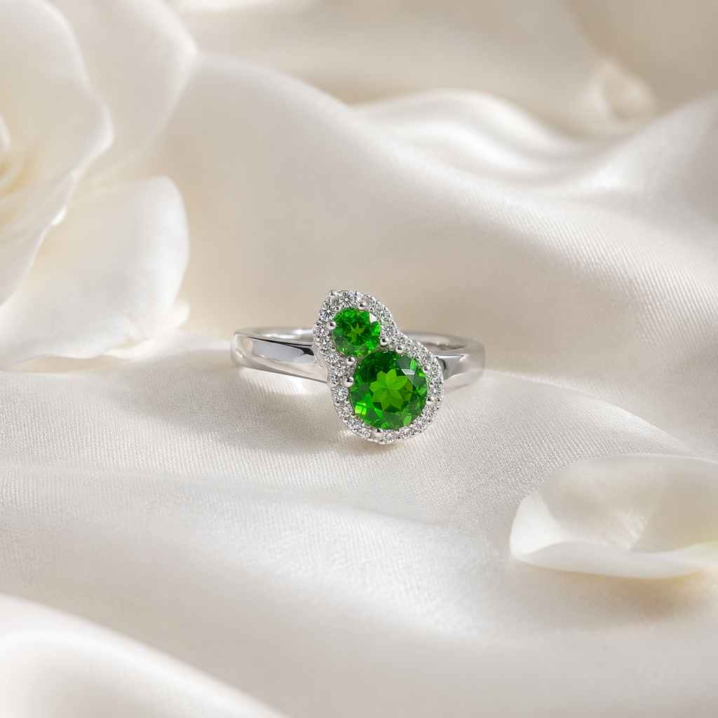 Natural Diopside Two-Stone Ring in 925 Sterling Silver, 3mm & 5mm Gemstones