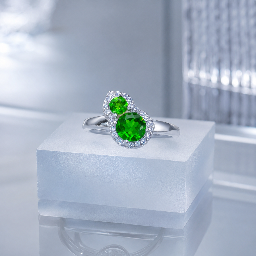 Natural Diopside Two-Stone Ring in 925 Sterling Silver, 3mm & 5mm Gemstones