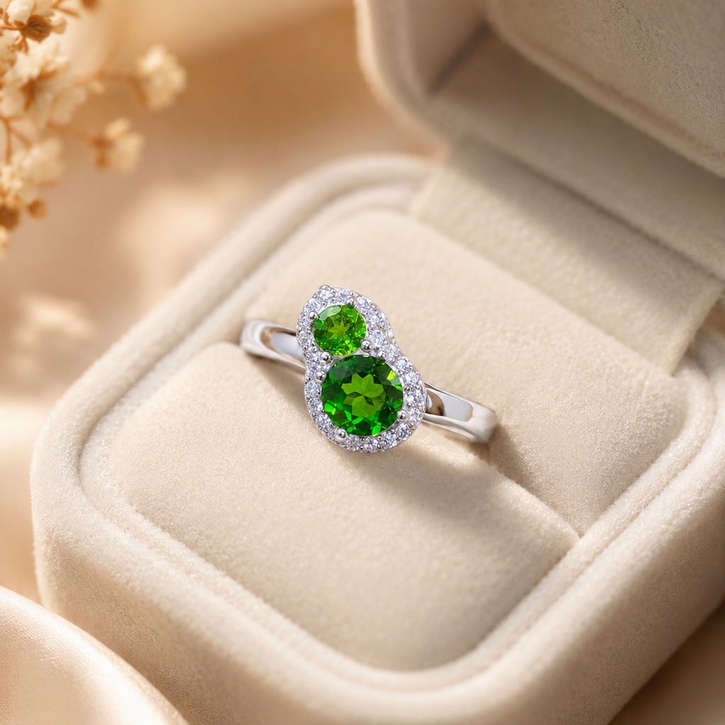 Natural Diopside Two-Stone Ring in 925 Sterling Silver, 3mm & 5mm Gemstones