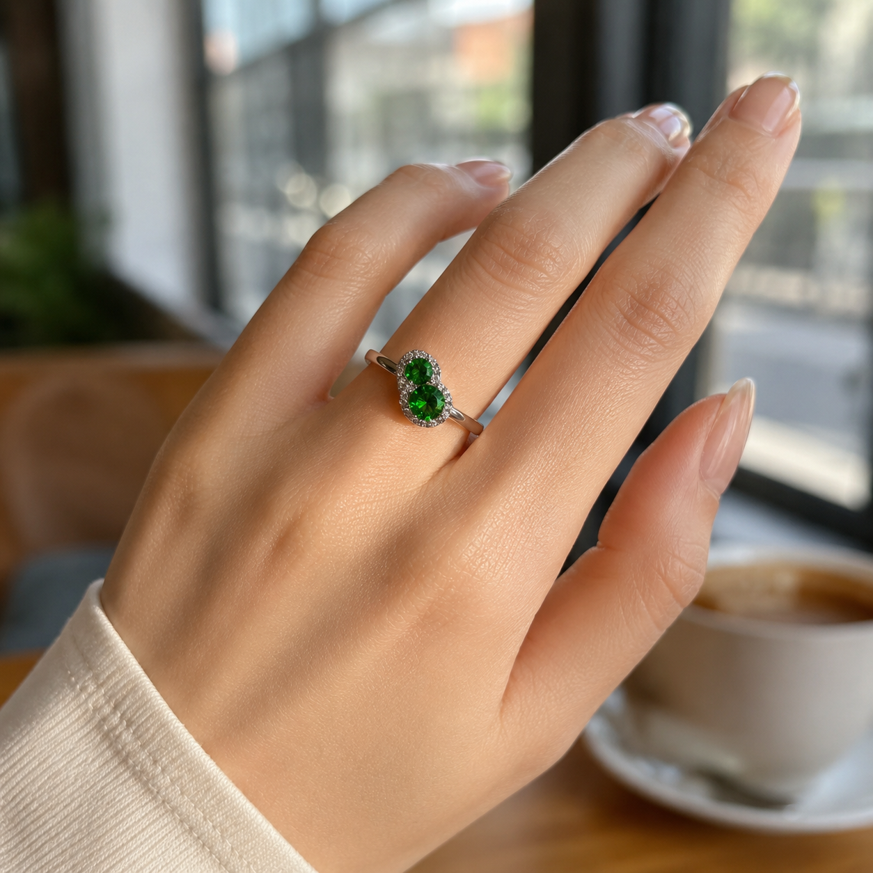 Natural Diopside Two-Stone Ring in 925 Sterling Silver, 3mm & 5mm Gemstones