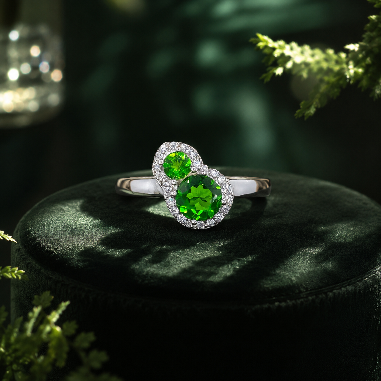 Natural Diopside Two-Stone Ring in 925 Sterling Silver, 3mm & 5mm Gemstones