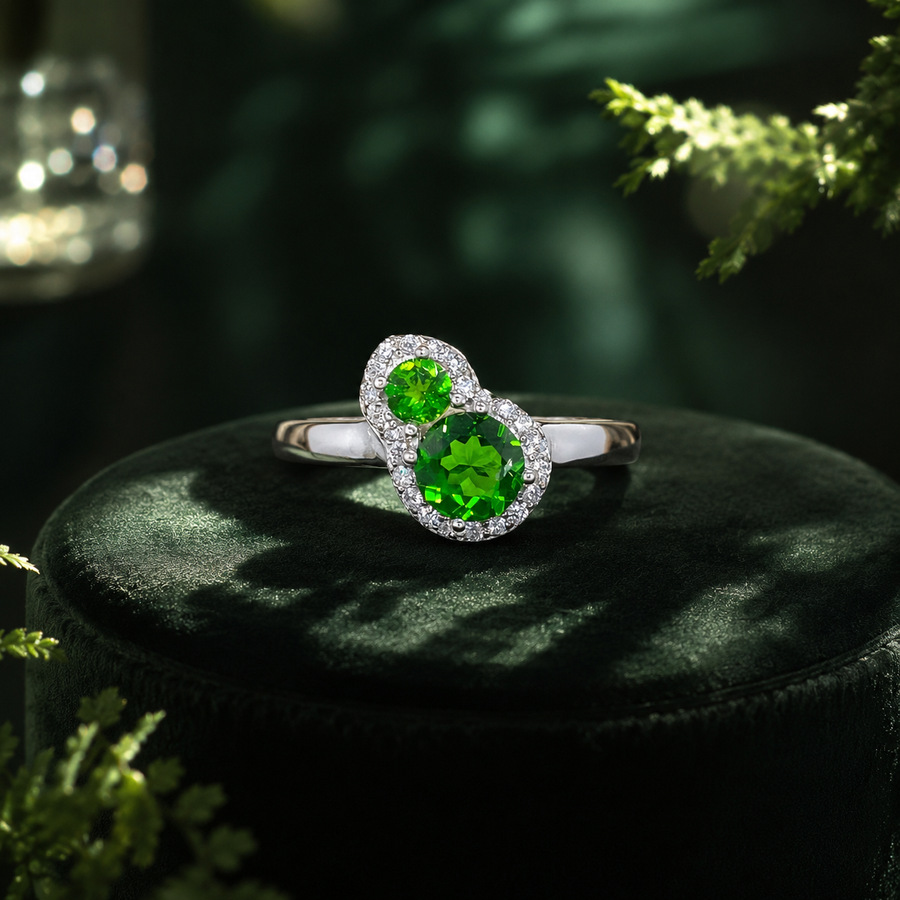 Natural Diopside Two-Stone Ring in 925 Sterling Silver, 3mm & 5mm Gemstones
